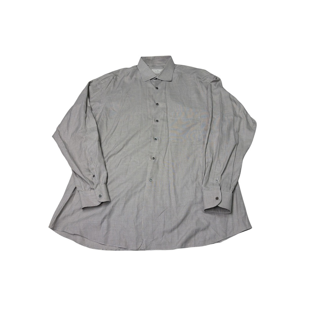 Ermenegildo Zegna Mens XL 17 Blue Tan Micro Check Cotton Dress Shirt Long Sleeve